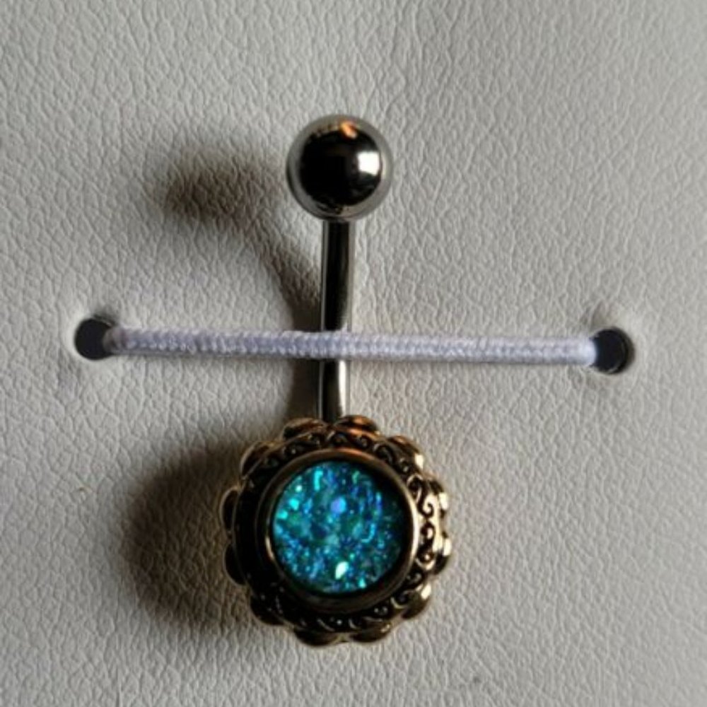 Gold Filigree Flower w/ Druzy Stone Center 316L Surg. Steel Belly Ring Aqua